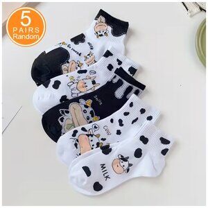 Socks-Cow Print 5-pairs Ankle Casual Cow & Milk Bottle Patterns Black & White
